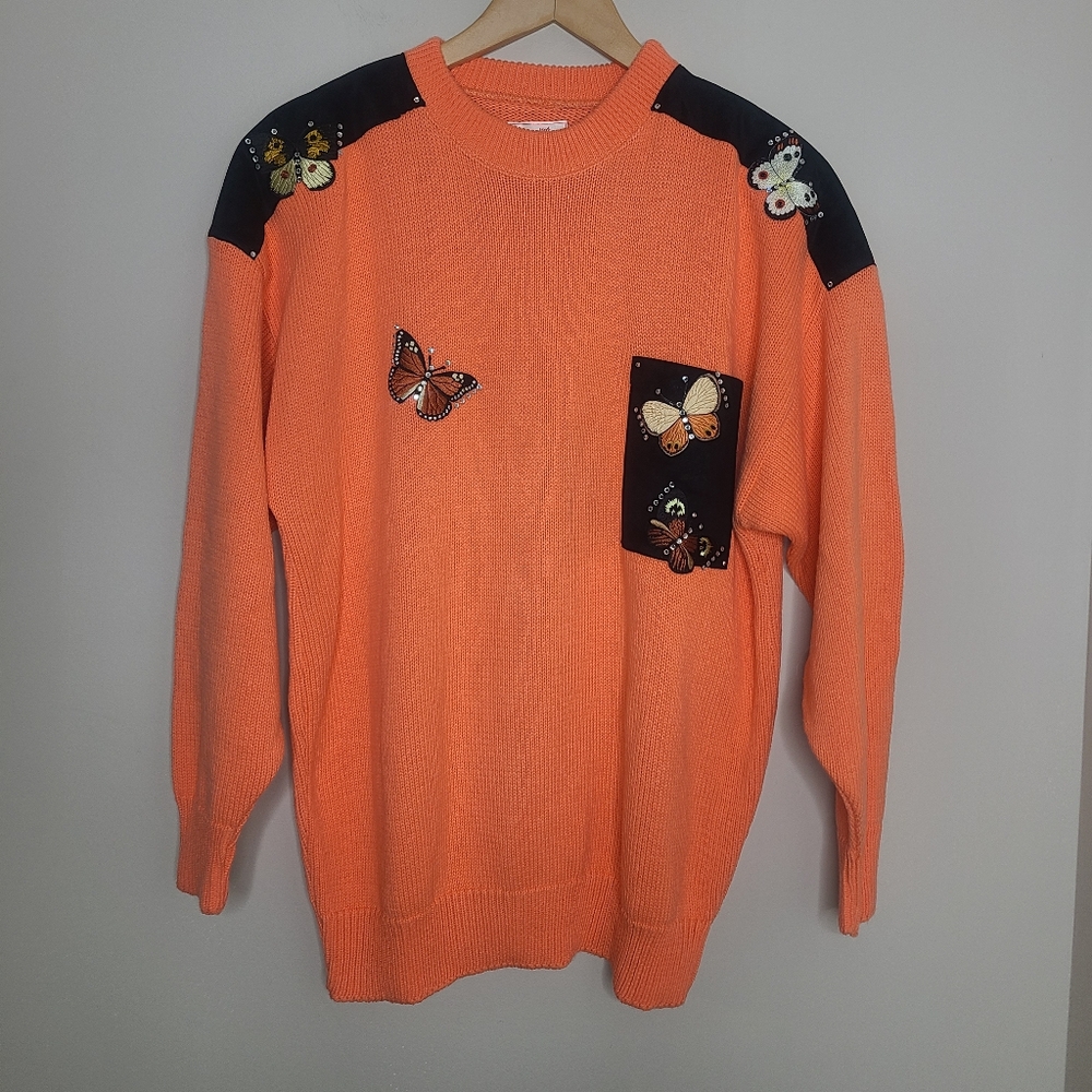 Vintage Mardel 80s Orange Rhinestone‎ Butterfly Handcrafted Crew Neck Sweater